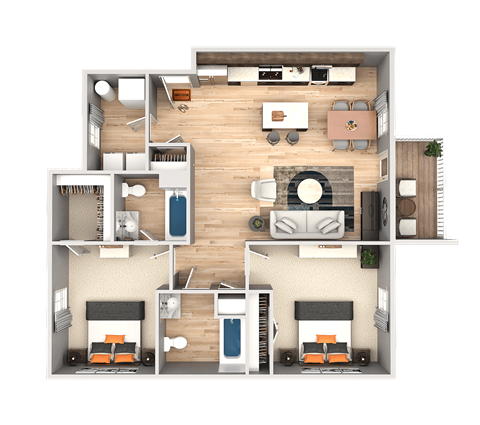 Floor plan for 2 beds, 2 baths, 1024 sqft